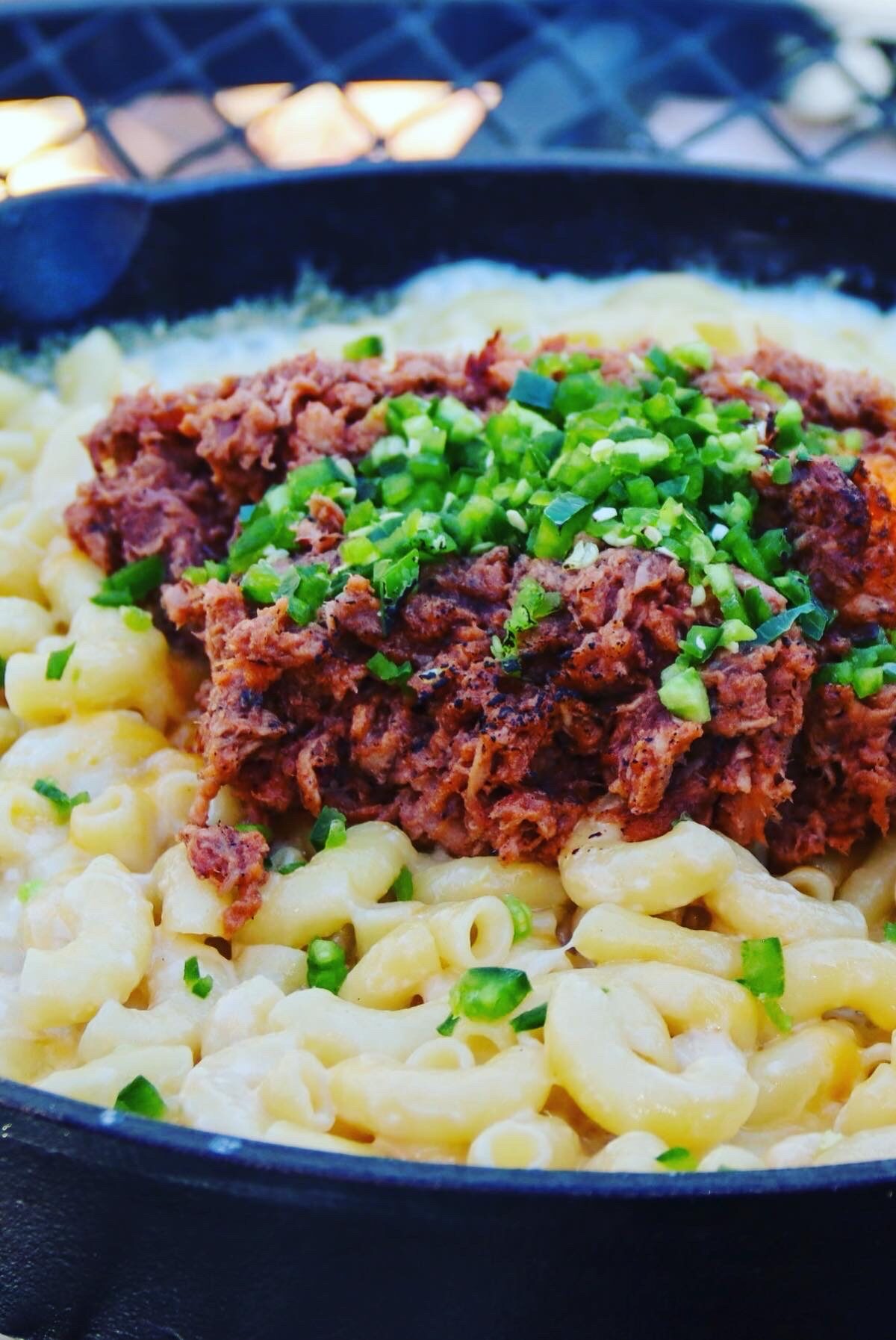 Homestyle Skillet Mac & Cheese with 18-hour Sous Vide Pulled Pork - Close Up