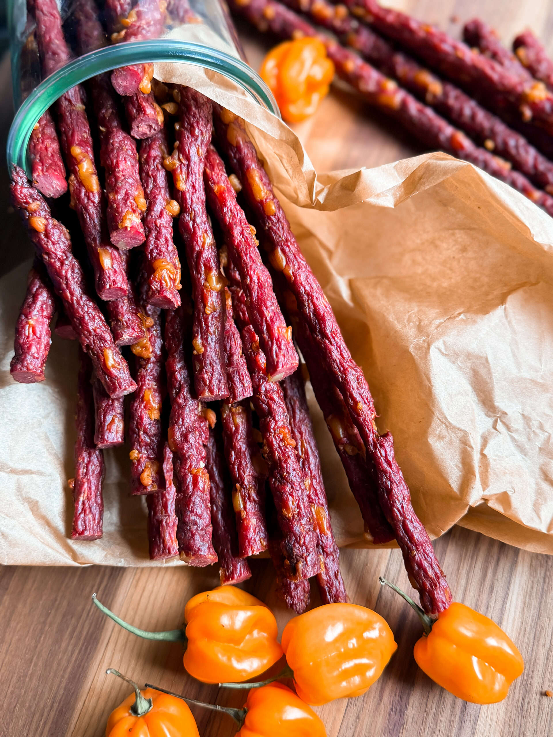 Homemade Beef Jerky Sticks- Habanero Gouda - Close up