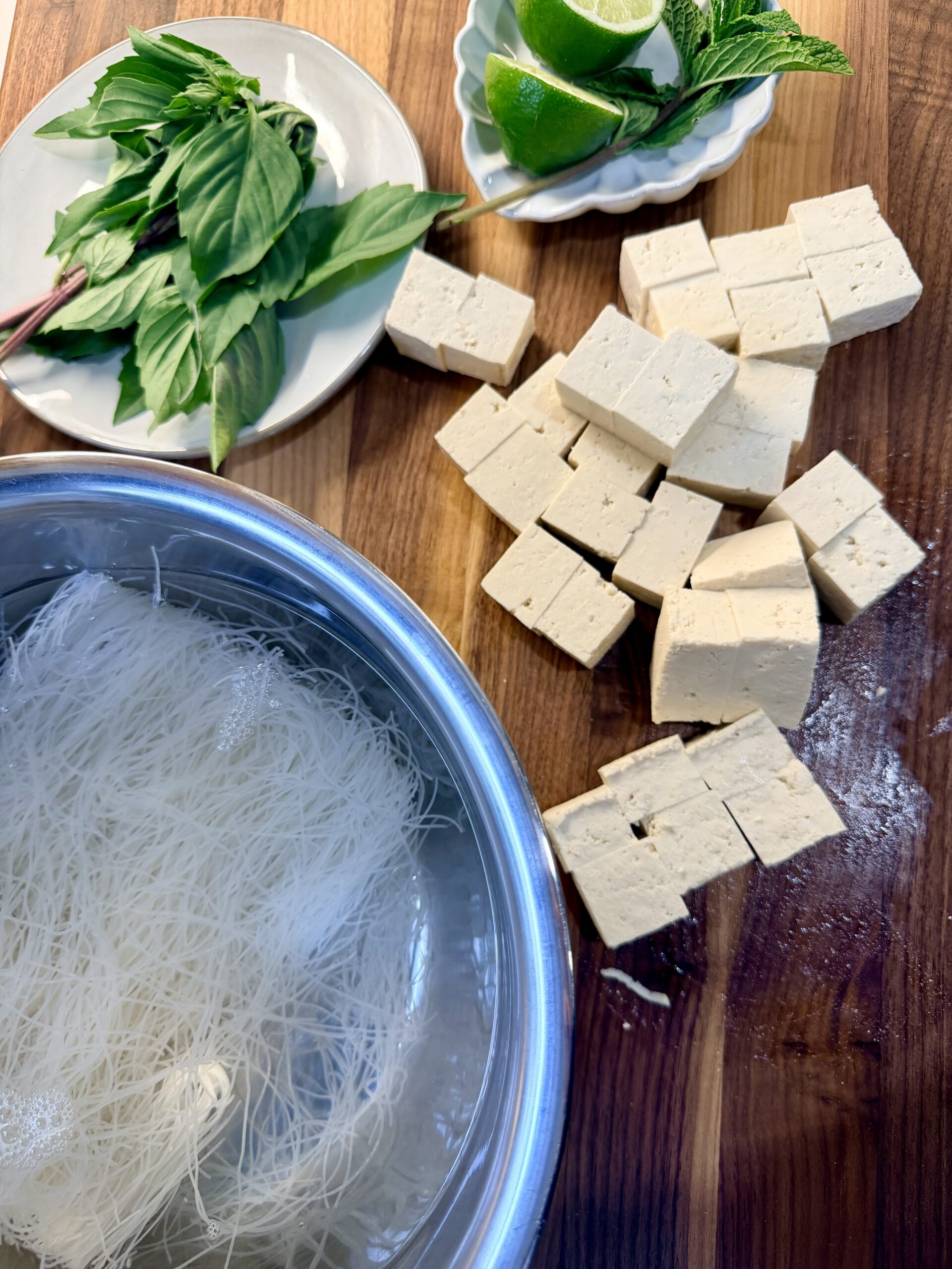 Tofu Spring Roll Bowl with Cashew-Lime Dressing - Prepping Ingredients