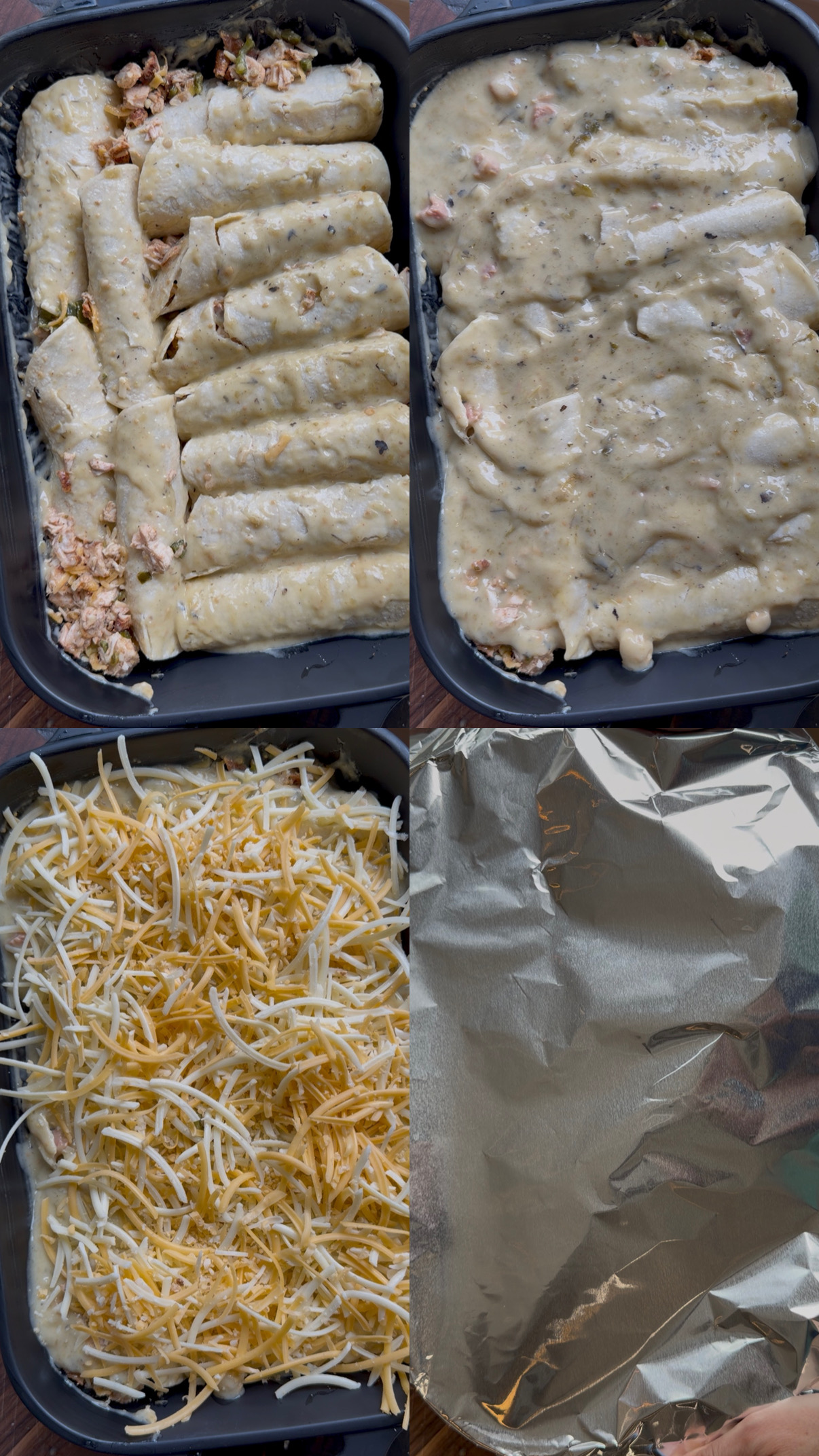 Smoked Chicken & Poblano Creamy Verde Enchiladas - Layering